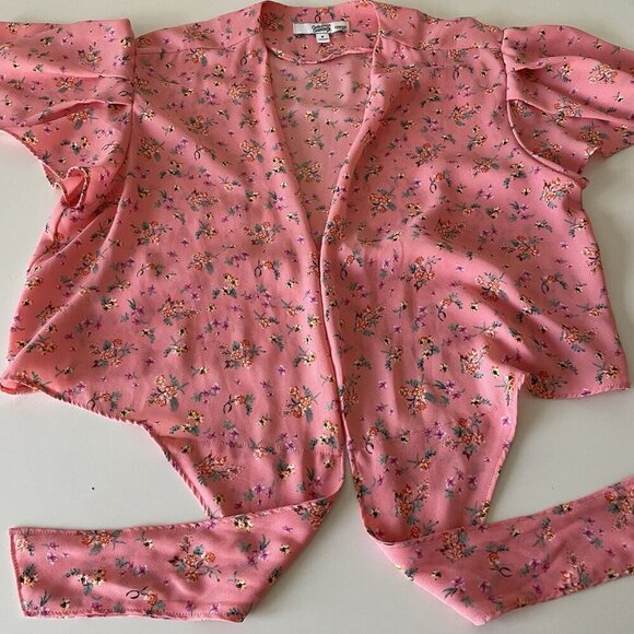 Color Me Courtney 8 Ellie Top Crop Pink Floral Tie Front Flutter Feminine Fairy - Picture 6 of 11